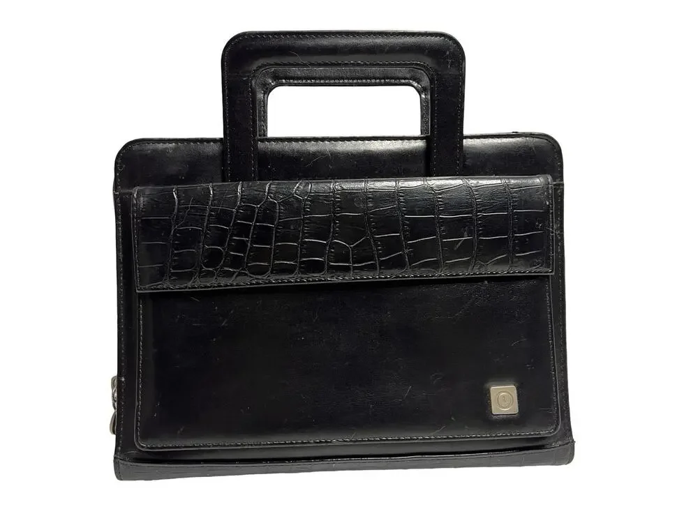 Franklin Covey Black Croc Embossed 7 Ring Organizer Planner w/ Handles Zipper